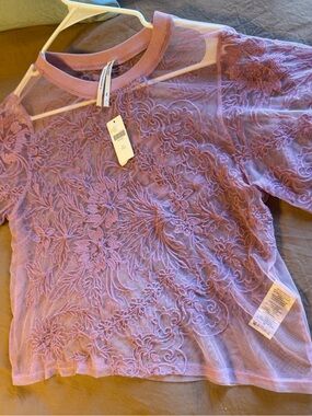Anthropologie Lavender Floral Embroidered Mesh Tee